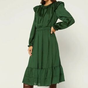 CURRENT AIR Dark Green Tiered Ruffle Long Sleeve Dress | Bishop Sleeves Ruffles